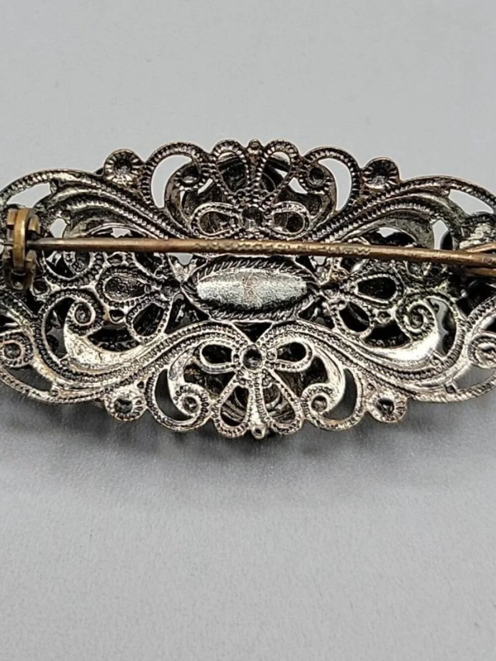 West Germany Silver Tone Filigree AB Brooch Pin Aurora Borealis Rhinestones